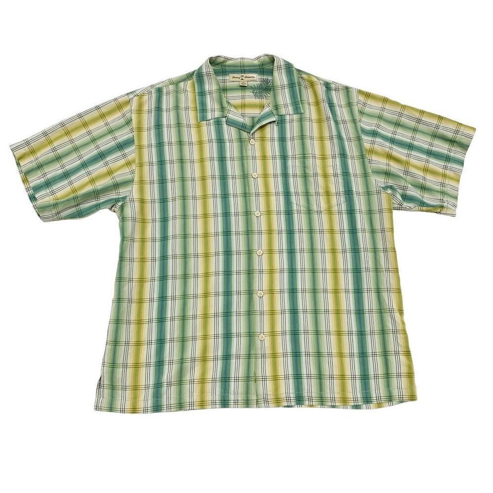 Tommy Bahama XL Silk Green Checkered Tartan Short Sleeves Button Shirt Vintage